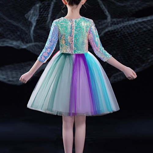 Children Girls rainbow sequined jazz dance dress paillette modern dance wedding birthday party show dresses Student  singer host piano stage performance colorful dress